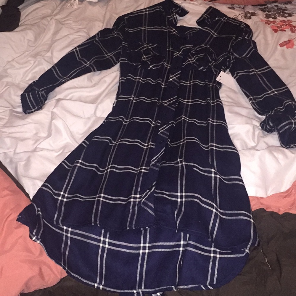 Dark blue and white belted plaid dress.